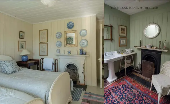  ??  ?? Above left: Antique bedroom furnishing­s collected by Jeanetta. Above right: An original fireplace in the bathroom.