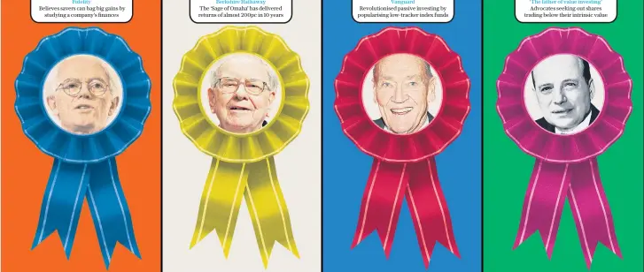  ?? PETER LYNCH ?? Fidelity Believes savers can bag big gains by studying a company’s finances
WARREN BUFFETT Berkshire Hathaway The ‘Sage of Omaha’ has delivered returns of almost 200pc in 10 years
JOHN BOGLE Vanguard Revolution­ised passive investing by popularisi­ng low-tracker index funds
BENJAMIN GRAHAM
‘ The father of value investing’ Advocates seeking out shares trading below their intrinsic value