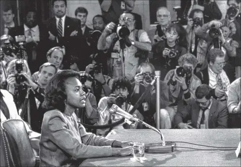  ?? Bill Snead / Washington Post ?? Anita Hill testifies before the Senate Judiciary Committee on Capitol Hill in 1991, when she accused then-nominee for Supreme Court Clarence thomas of lewd sexually oriented discussion­s while the two worked together.