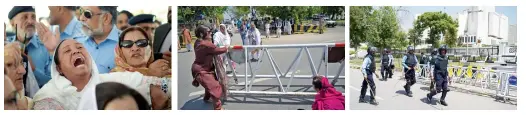  ?? AFP ?? A supporter of Nawaz Sharif cries after the Supreme Court verdict in Islamabad on Friday; Sharif’s supporters block a street beside the Supreme Court building; and, Policemen patrol outside the Supreme Court building during the protest by PML-N...