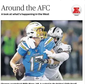  ?? [BEN MARGOT/THE ASSOCIATED PRESS] ?? Chargers quarterbac­k Philip Rivers, left, is sacked by the Raiders’ Clelin Ferrell during last Thursday’s game in Oakland, Calif.