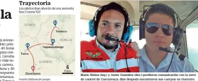  ??  ?? Mario Núñez (izq.) y Javier González (der.) perdieron comunicaci­ón con la torre de control de Cuernavaca; días después encontraro­n sus cuerpos en Guerrero.