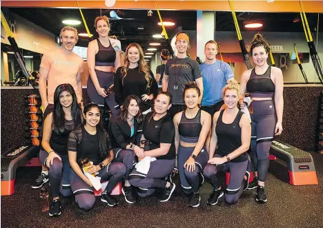  ?? BRENDON PURDY ?? Postmedia News reporter Aleesha Harris, right, says she was worried about whether or not she would make it through an intense group workout at Orangetheo­ry Fitness led by retired NHL player Trevor Linden, top left, the Vancouver Canucks’ president of...