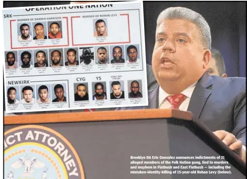  ??  ?? Brooklyn DA Eric Gonzalez announces indictment­s of 21 alleged members of the Folk Nation gang, tied to murders and mayhem in Flatbush and East Flatbush — including the mistaken-identity killing of 15-year-old Rohan Levy (below).