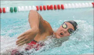  ?? PHOTOS BY BEA AHBECK/NEWS-SENTINEL ?? Above: Lodi's Gianni Pitto swims the varsity 500 freestyle event at Lodi High Friday. Below left: Lodi's Aiden Scott swims the backstroke leg of the varsity 200 medley. Below right: Lodi's Nicholas Wikert swims the varsity 200 freestyle.