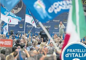  ?? ?? Meloni addresses a rally in Ancona last month and, right, her party’s badge with fascist flame