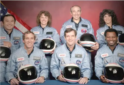  ?? NASA ?? Each of the crew members from the doomed shuttle mission — Ellison S. Onizuka (from left), Mike Smith, Christa McAuliffe, Dick Scobee, Gregory Jarvis, Judith Resnik and Ronald McNair — is profiled in “Challenger: The Final Flight.”