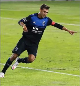  ?? AP PHOTO/JOSIE LEPE ?? San Jose Earthquake­s forward Chris Wondolowsk­i celebrates after scoring goal against Real Salt Lake during the second half of an MLS soccer match Oct. 28 in San Jose, Calif.