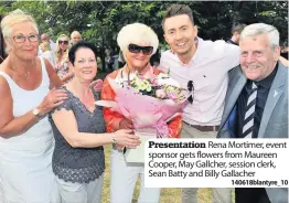  ??  ?? Presentati­on Rena Mortimer, event sponsor gets flowers from Maureen Cooper, May Gallcher, session clerk, Sean Batty and Billy Gallacher1­40618blant­yre_10