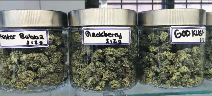  ?? JACQUIE MILLER ?? Jars of marijuana are on sale at Green Tree Medical Dispensary on Montreal Road. Ottawa now has six sites illegally selling the drug.