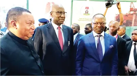  ??  ?? From left: Secretary General of the Organisati­on of Petroleum Exporting Countries, Mohammed Sanusi Barkindo, Secretary to the Government of Federation, Boss Mustapha and the Minister of state for Petroleum Resources, Emmanuel Ibe Kachikwu at the maiden...