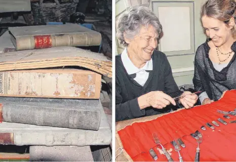  ?? FOTOS: KATRIN NEEF ?? Auf dem Dachboden des Bräuhauses lagern viele alte Schätze. Die 86-jährige Sieglinde Nold, vorige Besitzerin des Gasthofs, erklärt Anna Sonntag, was es mit der „Besteckrol­le“auf sich hatte.