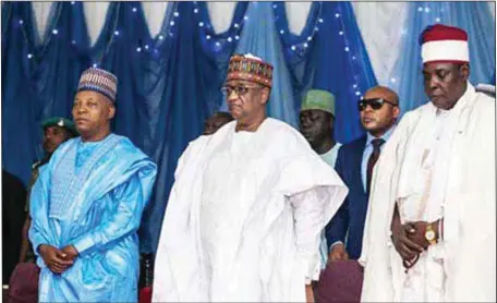  ??  ?? L_R: Governor of Borno State, Hon. Kashim Shettima; Chairman, Muhammadu Indimi Foundation (MIF), Alhaji Muhammadu Indimi; and Shehu of Dikwa, Alhaji Muhammad Ibn Mustafa II Al-Amin El-Kanemi, during the flag off of the Muhammadu Indimi Village, Bama...