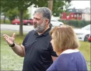  ?? H John Voorhees III / Hearst Connecticu­t Media ?? Mayor Pete Bass and former Mayor Liba Furhman talk about plans for the River Walk area in New Milford in an image from July 1.