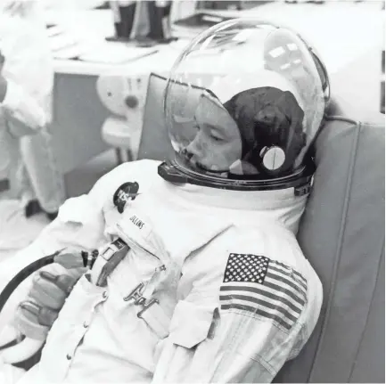  ?? NASA ?? Apollo 11 crew member Michael Collins appears calm after suiting up activities for his participat­ion in the countdown demonstrat­ion test aboard the Apollo 11 spacecraft along with astronauts Buzz Aldrin and Neil Armstrong. The Apollo 11 mission launched from the Kennedy Space Center in Florida on July 16, 1969, and returned to Earth on July 24, 1969.