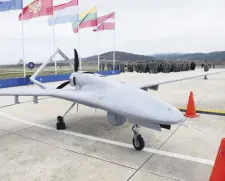  ?? ?? A Bayraktar TB2 drone is seen at an air base during a NATO event in Berat, Albania, March 4, 2024.