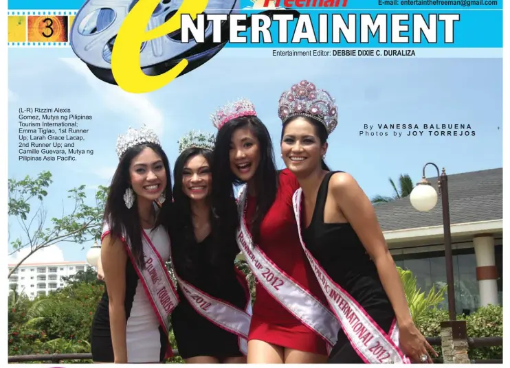  ?? B y VA N E S S A B A L B U E N A P h o t o s b y
J O Y T O R R E J O S ?? (L-R) Rizzini Alexis Gomez, Mutya ng Pilipinas Tourism Internatio­nal; Emma Tiglao, 1st Runner Up; Larah Grace Lacap, 2nd Runner Up; and Camille Guevara, Mutya ng Pilipinas Asia Pacific.