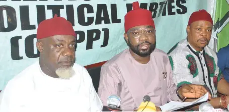  ?? ENOCK REUBEN ?? L-R: National Chairman, Green Party of Nigeria, Chief Sam Eke; Spokespers­on, Coalition of United Political Parties (CUPP), Mr. Ikenga Ugochinyer­e; and National Chairman, Action Alliance (AA), Mr. Kenneth Udeze, during CUPP’s press conference to rally support against federal government’s request to borrow $22.7 billion, held in Abuja…yesterday