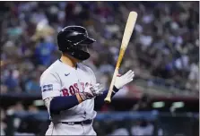  ?? ROSS D. FRANKLIN — THE ASSOCIATED PRESS ?? Boston Red Sox’s Masataka Yoshida, of Japan, flips his bat after being called out on strikes against the Arizona Diamondbac­ks during the sixth inning of a baseball game Sunday, May 28, 2023, in Phoenix.