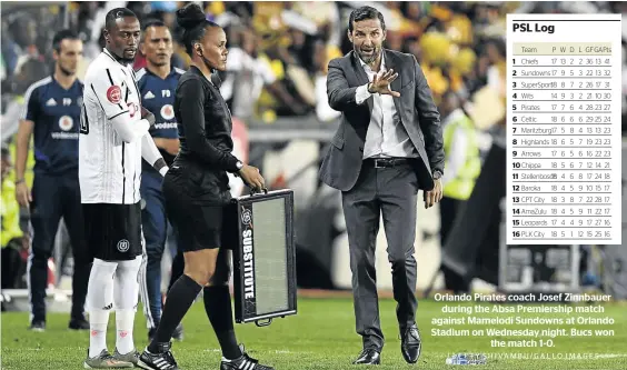  ?? / LEFTY SHIVAMBU/GALLO IMAGES ?? Orlando Pirates coach Josef Zinnbauer during the Absa Premiershi­p match against Mamelodi Sundowns at Orlando Stadium on Wednesday night. Bucs won the match 1-0.