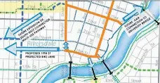  ??  ?? This map shows the City of Saskatoon’s proposed plan for a network of connected bike lanes downtown.