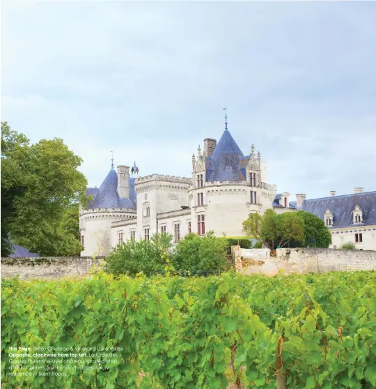  ??  ?? This Page, Breze Chateau & vineyard Loire Valley Opposite, clockwise from top left, La Croix des Gardes Florentine-style château located atop a hill in Cannes; Saint-emilion village; luxury residence in Saint Tropez