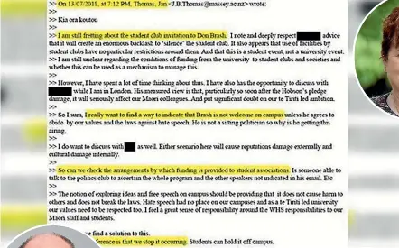  ?? TV1 ?? TV grabs showing emails and transcript­s from Massey vice-chancellor Jan Thomas, who was intent on not wanting Don Brash, left, on campus.
