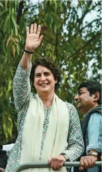  ?? — AP ?? AICC general secretary in charge of eastern Uttar Pradesh Priyanka Gandhi Vadra during a roadshow in Lucknow on Monday,