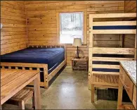  ?? Special to the Democrat-Gazette/MARCIA SCHNEDLER ?? Camper cabins at Lake Ouachita State Park are equipped with a queensize bed and bunks, but visitors need to take their own bed linens.