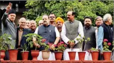  ?? PTI ?? National Conference President Farooq Abdullah waves after a meeting with National Conference party leaders at his residence in Srinagar on Sunday