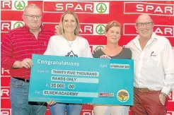  ?? Pictures: LEON HUGO ?? REACHING OUT: SPAR Eastern Cape marketing director Abri Swart, left, and SPAR EC sponsorshi­p and events manager Alan Stapleton, right, hand over a cheque of R35,000 to Philippa Fabbri, second from left, and Katherine Liebenberg of Elsen Academy