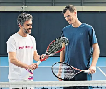  ??  ?? Helping hand: Jamie Murray (right) gives Simon Briggs some friendly advice at the National Tennis Centre and (left) Louis Cayer