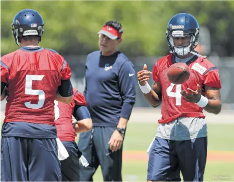  ?? Tim Warren ?? For now, first-round pick Deshaun Watson (4) and veteran Brandon Weeden are backing up Tom Savage on the Texans’ QB depth chart, but how long until that will change?