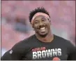  ?? DAVID RICHARD — THE ASSOCIATED PRESS ?? Myles Garrett smiles before a preseason game against the Lions.