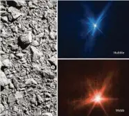  ?? NASA via Associated Press ?? The asteroid strike is seen from a camera on the Dart spacecraft, left, and from the Hubble, upper right, and Webb, lower right, space telescopes.