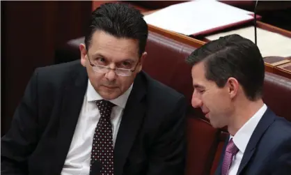  ?? Photograph: Mike Bowers for the Guardian ?? Nick Xenophon and Simon Birmingham, who appears to have given up on passing the education bill with NXT support.