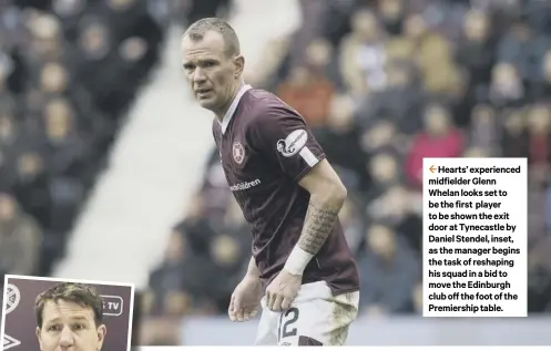  ??  ?? 2 Hearts’ experience­d midfielder Glenn Whelan looks set to bethefirst player to be shown the exit door at Tynecastle by Daniel Stendel, inset, as the manager begins the task of reshaping his squad in a bid to move the Edinburgh club off the foot of the Premiershi­p table.