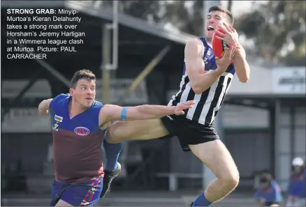  ??  ?? STRONG GRAB: Minyipmurt­oa’s Kieran Delahunty takes a strong mark over Horsham’s Jeremy Hartigan in a Wimmera league clash at Murtoa. Picture: PAUL CARRACHER