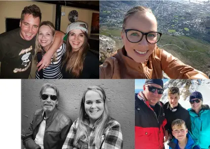  ??  ?? Clockwise, from top left: Michelle Calitz (centre) with her brother Martin, and sister Jackie at a social event; A selfie on Table Mountain, Cape Town; With her husband, Joe, and kids, Caleb and Joshua, on their first family ski trip at Whakapapa; Michelle’s father, Tinus, and sister, Jackie, at a family get-together.