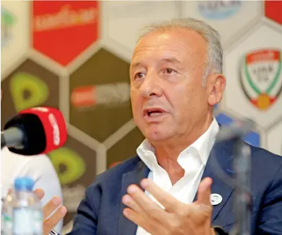  ?? Photo by Dhes Handumon ?? Coach Alberto Zaccheroni addresses the press at the UAE Football Federation headquarte­rs in Dubai. —