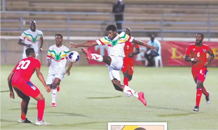  ??  ?? Tough battle… Action between Namibia and Mali during Tuesday’s second leg of their 2021 Afcon qualifiers at Windhoek’s Sam Nujoma Stadium.