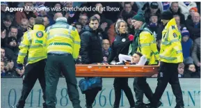  ??  ?? Agony Magennis was stretchere­d off at Ibrox