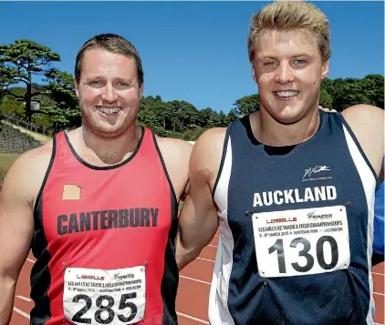  ??  ?? Tom Walsh, left, and Jacko Gill at 2015 national track and field championsh­ips in Wellington. Walsh won.