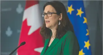  ?? CP PHOTO ?? Cecilia Malmstrom, Chief Trade Commission­er for the European Union, speaks to a conference in Ottawa, Tuesday.