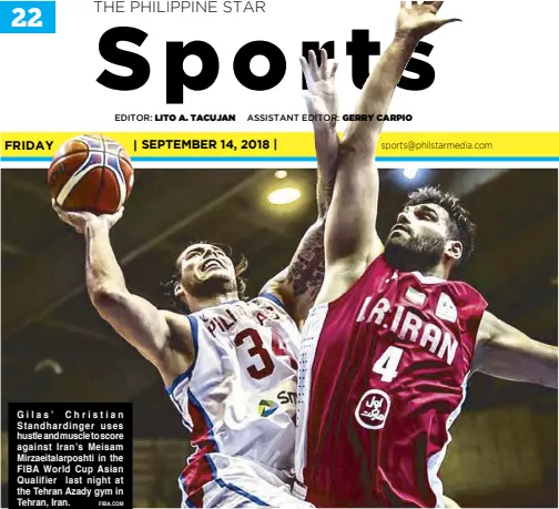  ?? FIBA.COM ?? Gilas’ Christian Standhardi­nger uses hustle and muscle to score against Iran’s Meisam Mirzaeital­arposhti in the FIBA World Cup Asian Qualifier last night at the Tehran Azady gym in Tehran, Iran.