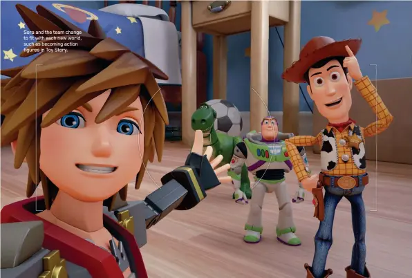  ??  ?? Sora and the team change to fit with each new world, such as becoming action figures in Toy Story.