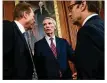  ?? DREW ANGERER / GETTY ?? Rep. Verne Buchanan, R-Fla., (left), Sen. Rob Portman, R-Ohio, and Rep. Peter Roskam, R-Ill., discuss GOP plans for tax reform.