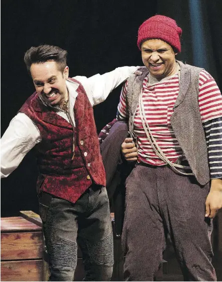  ?? GREG SOUTHAM ?? Farren Timoteo is a scene-stealer as Black Stache (Captain Hook before he lost his hand) and Peter Fernandes is equally impressive as his sidekick, the bumbling Smee, in Peter and the Starcatche­r.