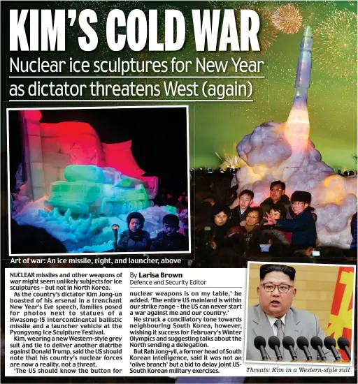  ??  ?? Art of war: An ice missile, right, and launcher, above Threats: Kim in a Western-style suit