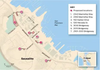  ?? 0 500 Tam Duong Jr. / The Chronicle ?? In a June memo, the Sausalito Community Developmen­t Department identified places in and near the Marinship district where housing could possibly be added. The department is not recommendi­ng that any of them be developed for housing, and none of the property owners have formally submitted applicatio­ns to develop their parcels.
KEY
Proposed locations 1. 2340 Marinship Way 2. 2350 Marinship Way 3. 150 Harbor Drive 4. 530 Nevada St. 5. 3030 Bridgeway 6. 2015 Bridgeway 7. 2901-3001 Bridgeway